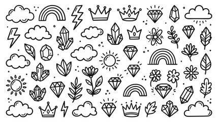 Fototapeta premium Hand drawn cute doodle icon set featuring clouds crowns crystals rainbows and nature elements