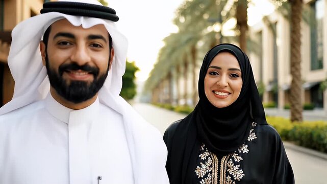 Authentic Middle Eastern couple, man and woman in traditional attire, smiling and interacting