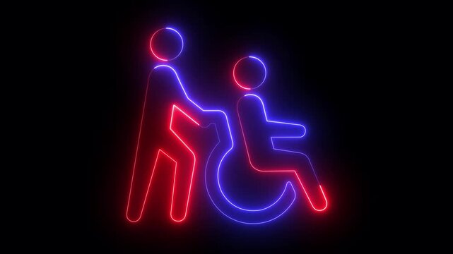 glowing neon senior care icon animation. Caregiver pushing wheelchair icon. Therapy, caregiver, and elder patient assistance concept. Nursing home help icon. Suitable for disability support themes.