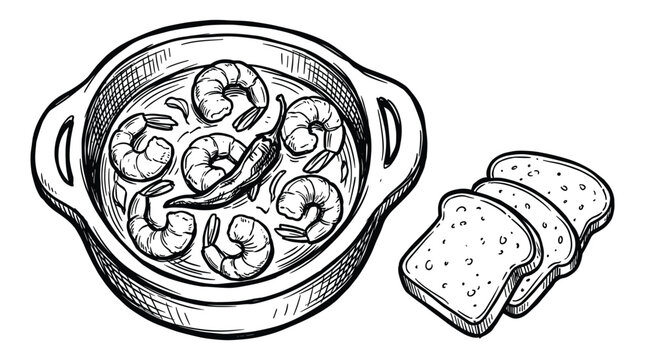 Shrimp scampi with red pepper in plate and toasted bread vector illustration