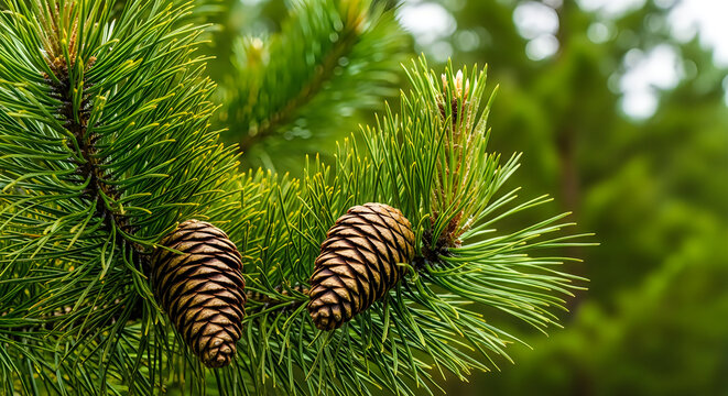 Pine cones on a branch with green needles