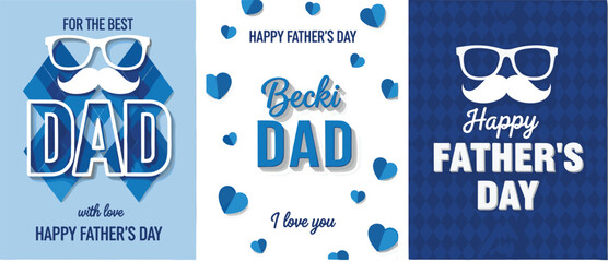 set of blue Father's Day greeting cards with hearts, mustache, glasses, and decorative typography designs. © Hello Wolrd