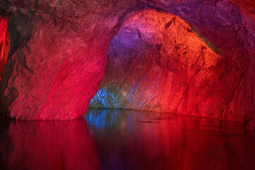 Marble cave lighting in Ruskeala Mountain Park, Karelia, Russia