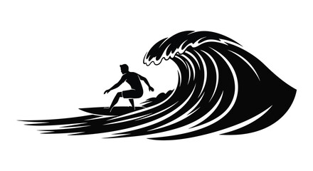 A surfer rides a powerful curling ocean wave in a striking black and white design a dramatic silhouette high quality professional © CreativeAkash099