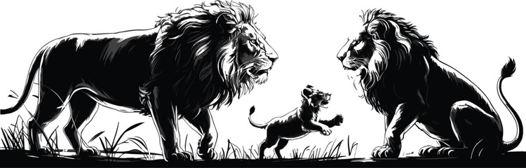 Black, and, white, illustration, of, two, male, lions, and, a, playful, cub, in, the, wild, safari, savanna, isolated, on, white, background. © Sagar Creative