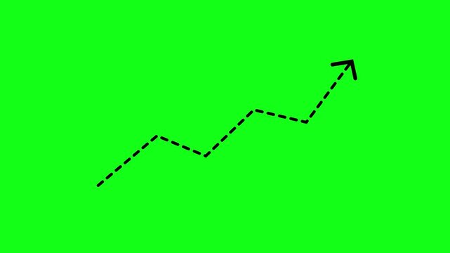 Business growth arrow dotted line animation on green background. dotted line graph arrow, dashed arrow pointing upwards, showing growth and progress. success, development and economic growth concept.