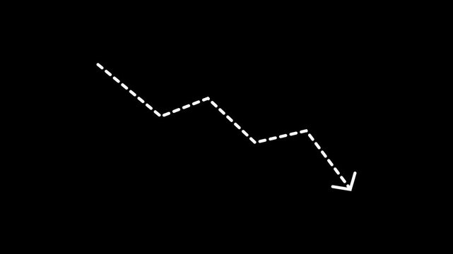 dotted line down arrow animation on black background. Downward arrow line animation with dotted line, downward arrow chart, economic crisis. economic cost concept.