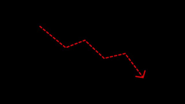dotted line down arrow animation on black background. Downward arrow line animation with dotted line, downward arrow chart, economic crisis. economic cost concept.