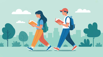 Obraz premium A flat, minimalist illustration of two students walking and reading books in a park setting (3)_traced