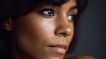 Fototapeta premium A detailed close up portrait captures a woman s thoughtful gaze and the natural texture of her skin rendered with sharp focus and soft dramatic