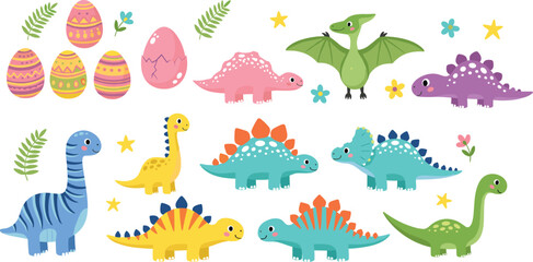 Cute Cartoon Dinosaur Collection with Colorful Easter Eggs Flowers and Leaves Fun Kids Vector Illustration Set Isolated on White Background © Khairul