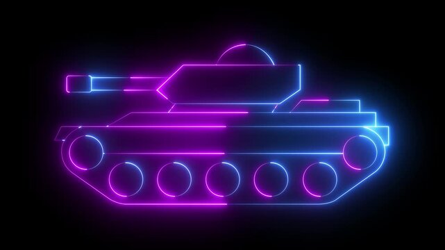 glowing neon Military tank icon isolated on black background. Military tank icon, perfect for military themed designs, presentations. military vehicle symbol concept. 4k video animation.