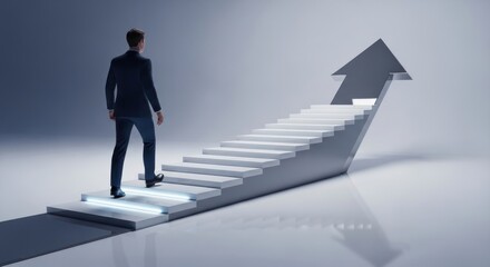 Obraz premium Businessman walks up arrow staircase toward success ambition and growth