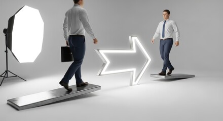 Fototapeta premium Businessman transformation concept with glowing arrow and lighting equipment