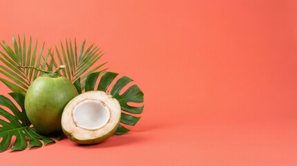 Coconuts and tropical leaves arranged artfully on vibrant surface from overhead viewpoint