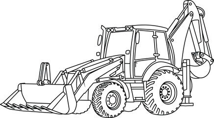 Backhoe loader construction vehicle outline vector, heavy equipment tractor with front bucket and rear excavator arm isolated illustration © Sophia Creatives