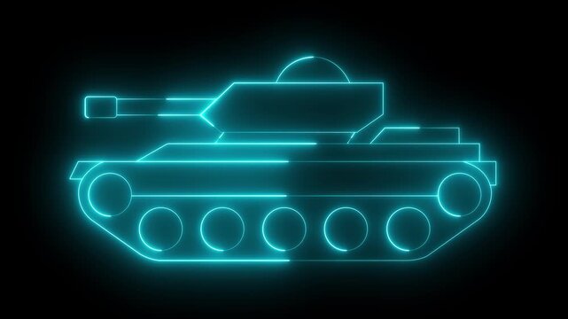 glowing neon Military tank icon isolated on black background. Military tank icon, perfect for military themed designs, presentations. military vehicle symbol concept. 4k video animation.