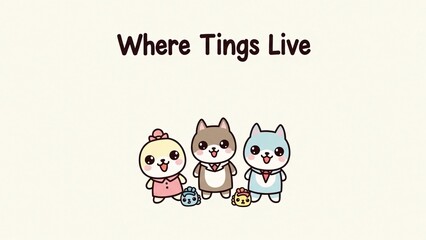 Fototapeta premium Three adorable cartoon animal characters, possibly cats, standing together with small bags, under the text 'Where Tings Live' on a light background.