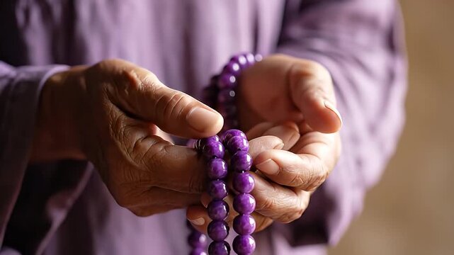 Close up of elderly hands holding and counting purple prayer beads, symbolizing meditation