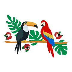 Fototapeta premium Tropical Birds on Branch – Toucan and Scarlet Macaw with Monstera Leaves and Exotic Flowers