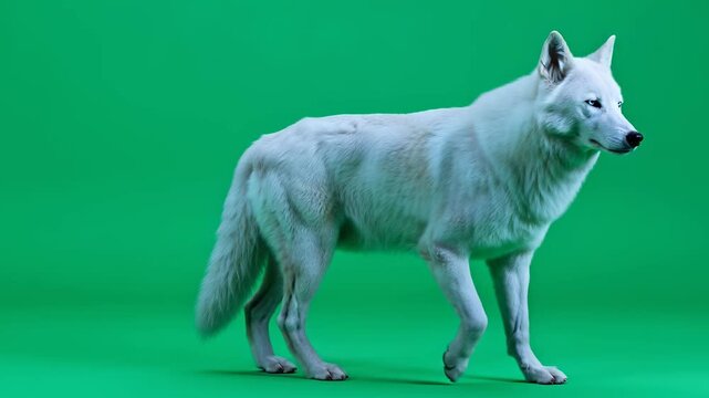 Beautiful White Arctic Wolf Walking Gracefully on a Green Screen Background, Isolated for Easy Compositing
