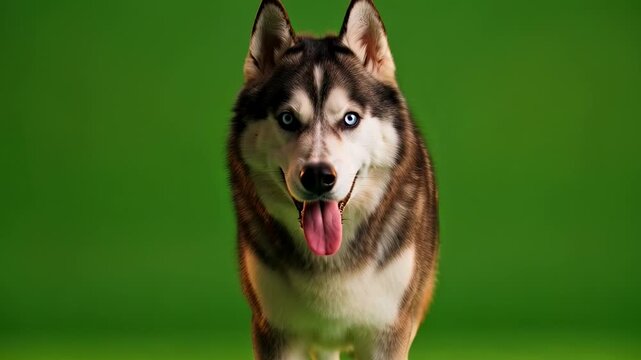 Friendly Siberian Husky with Bright Blue Eyes Looking at Camera on Green Screen, Ideal for Pet or Wildlife Compositing