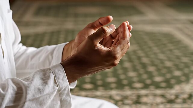Close-up of a Muslim man in white traditional clothing praying with hands raised in supplication
