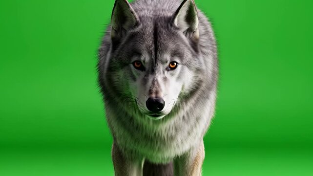 Aggressive wolf with glowing eyes walks forward on a green screen background, cinematic shot, danger, predator