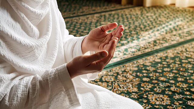 Close-up of a person in white clothing praying with hands raised in a mosque with a patterned green