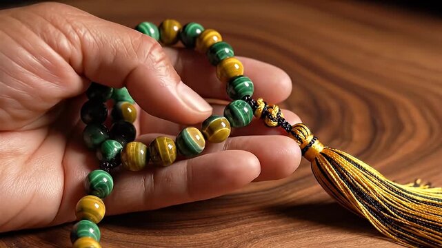 Close-up of a person's hand holding mala beads made of green malachite and tiger eye stones with