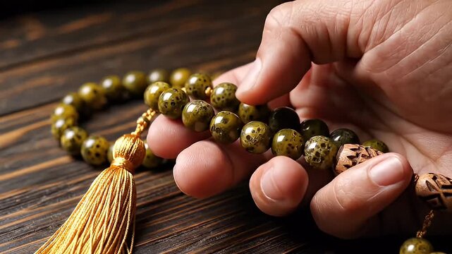 Close-up of a person's hand holding and turning green speckled prayer beads or mala with a golden