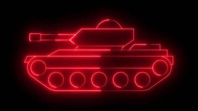 glowing neon Military tank icon isolated on black background. Military tank icon, perfect for military themed designs, presentations. military vehicle symbol concept. 4k video animation.