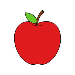 Fototapeta premium A vibrant red apple icon with a green leaf and brown stem in a minimalist design