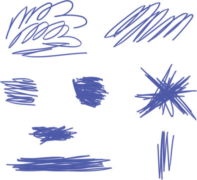 Collection of hand-drawn scribbles, lines, and shapes made with a blue marker or pencil. 
