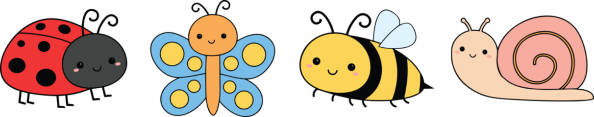 Cute, hand-drawn, cartoon, garden, insects, collection, with, ladybug, butterfly, bumblebee, and, snail, characters, isolated, on, white, background, for, kids, spring, vector, design. © Sagar Creative