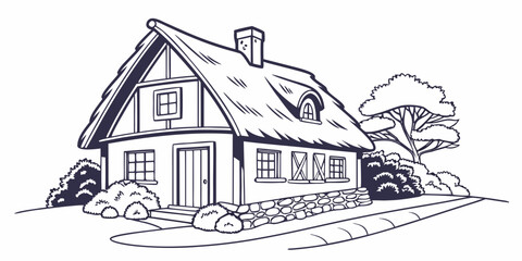 A charming house with a steep roof and a cozy front yard.