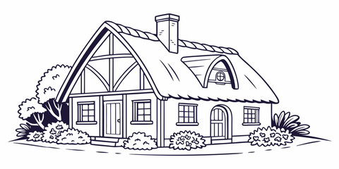 A charming house with a steep roof and a cozy front yard © Mamun