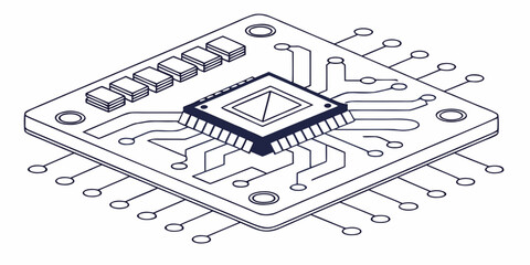 An isometric view of a complex circuit board with various components and connectors.