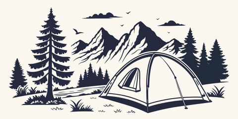 A serene campsite nestled in a mountainous forest with a tent and pine trees © Mamun