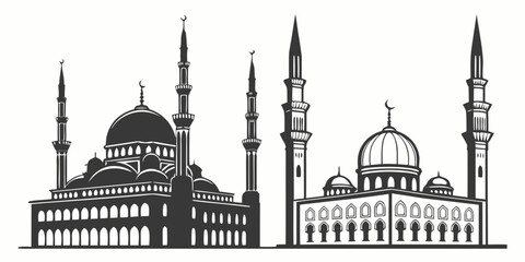 Illustration of two mosques with domes and minarets in black and white © Mamun