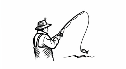 Vintage style hand-drawn illustration of a man fishing, wearing a hat and waders, with a fish on his line. Perfect for outdoor sports and leisure designs.