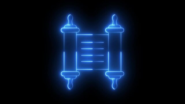 glowing neon Torah scroll icon isolated on black background. Jewish Torah in expanded form. Old parchment scroll. Scroll icon animation. Torah study. History, ancient. 4k video animation.