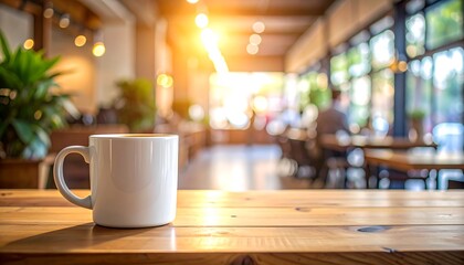 Fototapeta premium Coffee Cup on Wooden Table in Cafe with Sunlight.