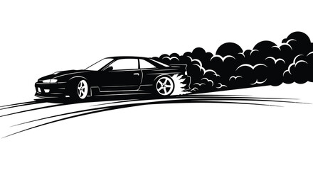 A black sports car drifts dramatically leaving a trail of tire smoke in a dynamic stylized silhouette high quality professional detailed © CreativeAkash099