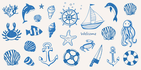 A collection of nautical themed illustrations in a blue toned style © NaderAli
