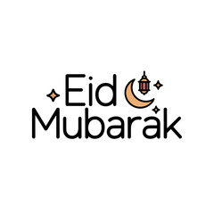Naklejka premium Eid Mubarak Modern Monoline Typography with Crescent Moon and Lantern Icons – Minimal Flat Vector on White Background