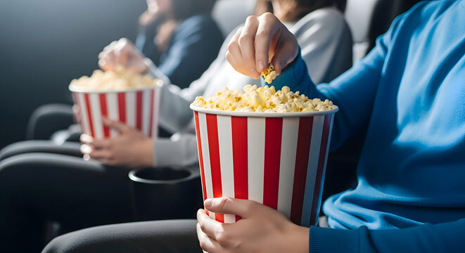 Low-angle view of hands reaching for popcorn in striped containers during a movie, capturing the enjoyment of entertainment and leisure activities.