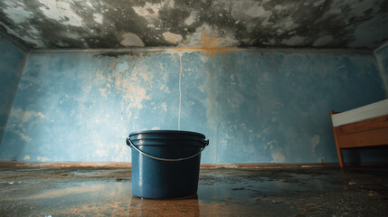 Fototapeta premium Water leak damage with mold stains on interior wall and bucket collecting dripping water on wooden floor for insurance claim concepts, renovation services and home repair ads