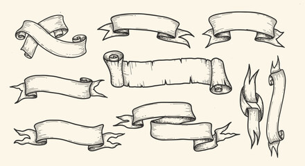 Collection of hand-drawn vintage ribbon banners and scrolls.
