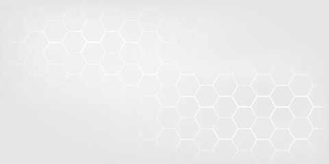 Naklejka premium Abstract white and grey hexagonal pattern background design. Modern simple overlapping hexagon geometric element with molecular structures. Medical science technology concept